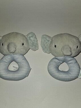 2 Ingenuity Elephant Plush Rattle Baby Toy Stuffed Lovey Grabber Lot Blue Stripe